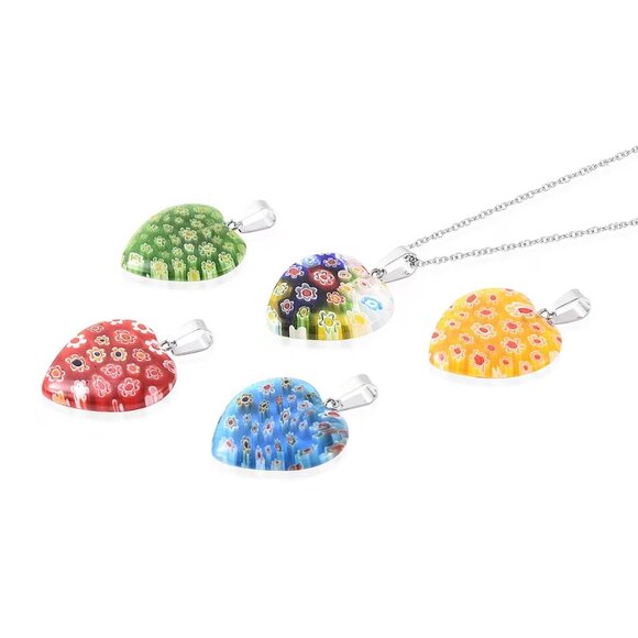 NEW Set of 5 Heart Murano Style Pendants and Necklace Set in Stainless Steel - Picture 2 of 3
